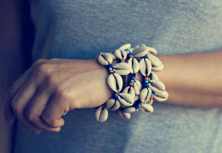 Gold Cowrie Shell Bracelet, Glass Eyes & White Jade Chips Beads, Boho