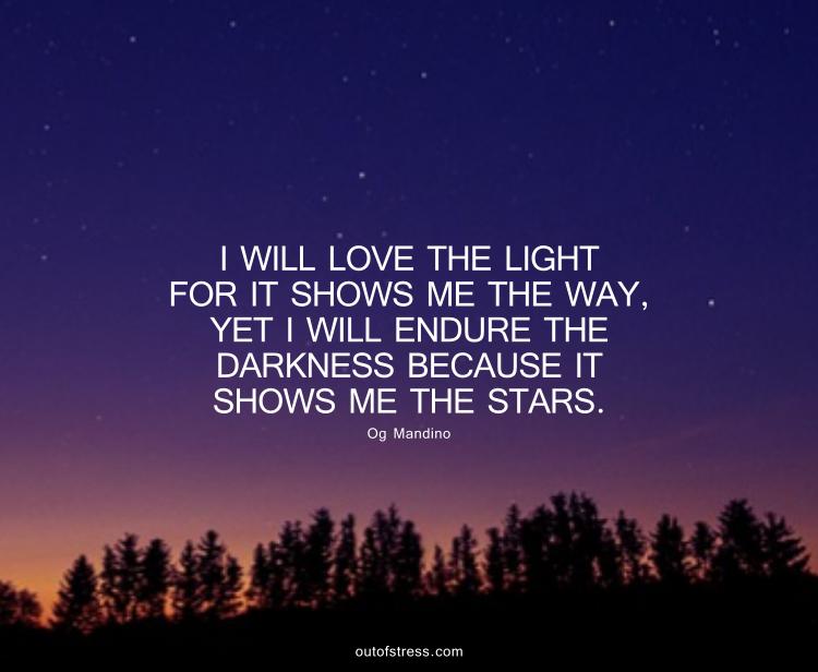 I will love the light for it shows me the way, yet I will endure the darkness because it shows me the stars.