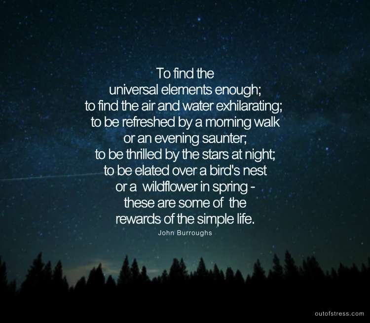 To find the universal elements enough, to be thrilled by the stars at night; to be elated over a bird's nest or a wildflower in spring - these are some of the rewards of the simple life.