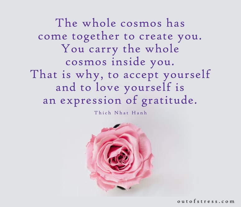 The whole cosmos has come together to produce us, we carry the whole world inside us. That is why, to accept yourself and love yourself is an expression of gratitude. - Thich Nhat Hanh