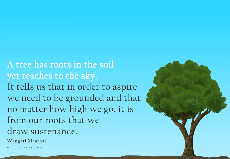 A tree has roots in the soil yet reaches to the sky.